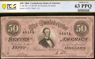 1864 $50 Dollar Bill Confederate States Note Civil War Paper Money T - 66 Pcgs 63