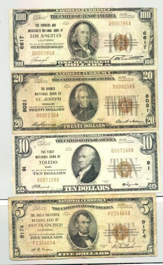 $5,  $10,  $20 And $100 1929 Type 1 National Banknote Denomination Set