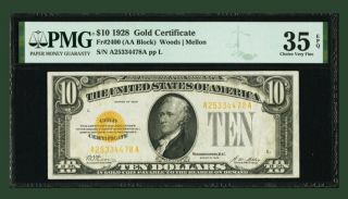 1928 $10 Gold Certificate - Pmg 35 Epq (fr.  2400)