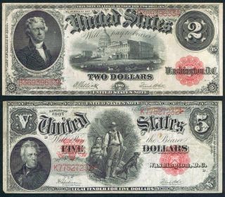 1907 $5 Woodchopper Note,  1917 $2 Red Seal Note | Us Large Currency - Vf,  722