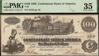 1862 $100 Dollar Bill Confederate States Currency Civil War Note Money Pmg 35