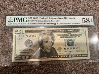 2013 $20 Federal Reserve Note Richmond Mismatched Serial Number Error Pmg 58 Epq