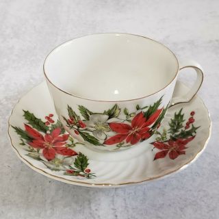 Vintage Inarco Poinsettia Tea Cup & Saucer Japan White Gold Christmas