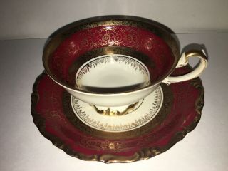 Alka Kunst Bavaria Red W/ Gold Trim Tea Cup And Saucer Germany Signed Exc.  Cond