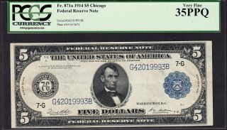 Us 1914 $5 Frn Chicago District Fr 871a Pcgs 35 Ppq Ch Vf (- 993)