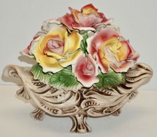 Vintage Porcelain Capodimonte Footed Basket W/roses Leaves Italy 10 1/2 " Tall