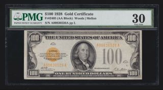 Us 1928 $100 Gold Certificate Fr 2405 Pmg 30 Vf (- 526)