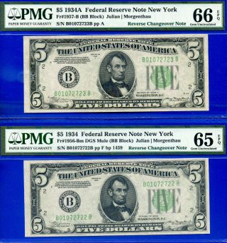 1934 / 1934 - A $5 Frn ( (york Changeover Pair))  Pmg 66,  65epq 722 & 723