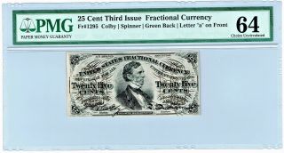 Fr.  1295 Third Issue 25 Cents Fractional Currency Note Pmg Choice Unc.  64.