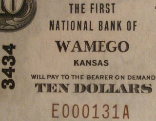 Wamego,  Kansas Ks 1929 $10 Ch 3434 The First National Bank Pmg 50