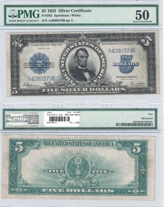 1923 $5 Silver Certificate " Porthole Note " Fr 282 Pmg About Uncirculated - 50