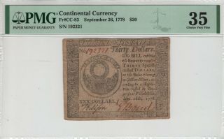 September 26 1778 Continental Currency Note Cc - 83 $30 Pmg Very Fine Vf 35 (036)