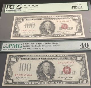 (2) - 1966 - $100 Red Seal Legal Tender Note In Pcgs - 40ppq - Pmg - 40.  A N.