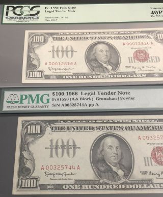 (2) - 1966 - $100 RED SEAL LEGAL TENDER NOTE in PCGS - 40PPQ - PMG - 40.  A N. 2