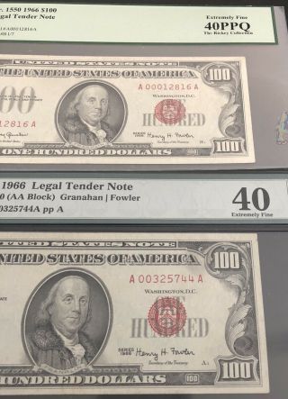 (2) - 1966 - $100 RED SEAL LEGAL TENDER NOTE in PCGS - 40PPQ - PMG - 40.  A N. 3