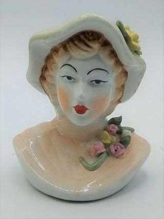 Vintage Lady Head Vase Demure With Hat And Flowers 4.  75 " Tall