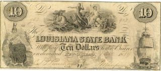 Louisiana State Bank $10 Dollars Obsolete Currency Banknote 1859