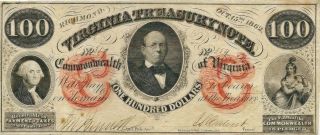 1862 $100 Virginia Civil War Treasury Note Gov.  Letcher Crisp & Bright