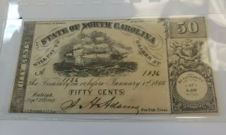 The State Of North Carolina 50 Cent Obsolete Note Of Raleigh Sept 1862