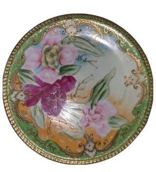 Antique Hand Painted Nippon Plate Floral With Gold Plating And Trim