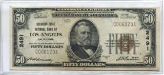 1929 $50 Banknote Type 1 Security - First National Bank Of Los Angeles Ch 2491