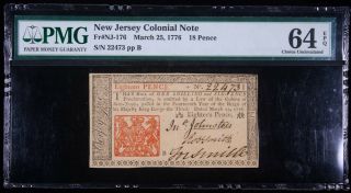 1776 Jersey Colonial Paper Money Note 18 Pence Nj - 176 Pmg 64 Epq