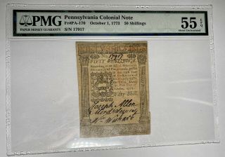 Epq Pennsylvania Colonial Note - 50 Shillings - Pmg About Uncirculated 55 Epq