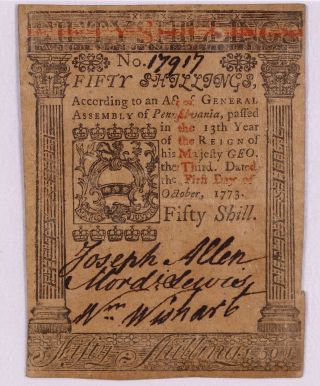EPQ Pennsylvania Colonial Note - 50 Shillings - PMG About Uncirculated 55 EPQ 2