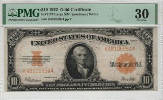 1922 $10 Gold Certificate Note Large S/n Fr.  1173 Pmg Very Fine Vf 30 (854)