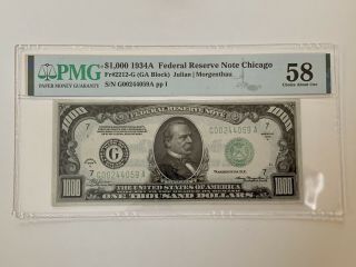 1934 A $1000 Bill Chicago Federal Reserve Ga Block Note Pmg 58