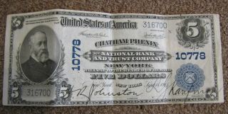1915 5 Dollar National Banknote York Chatham Phenix National Bank & Trust