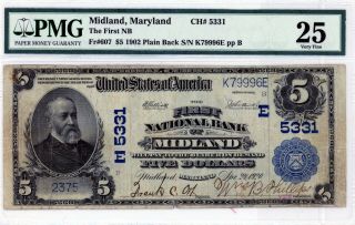 Midland,  Maryland First National Bank $5 1902 Pb Ch 5331 Pmg 25