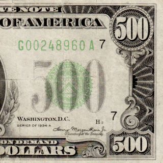 Us Currency 1934a Chicago $500 Five Hundred Dollar Bill 1000 Fr.  2202 G00248960a