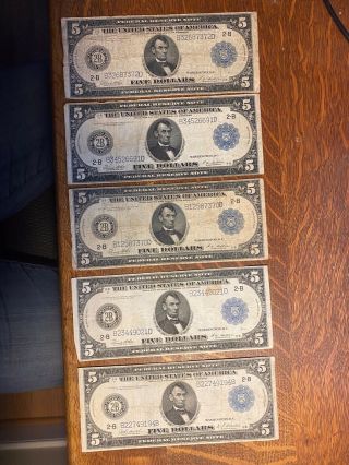 1914 $5 Blue Seal Large Size Federal Reserve Note York,  Ny 2b (5 Notes)