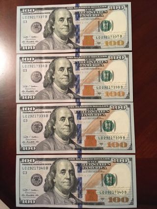 4 Crisp $100 Dollar Bill From 2009 Series A Consecutive Serial Numbers.