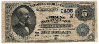 1882 Date Back $5 The Citizens Nb Of Cincinnati,  Ohio.  Ch 2495.  Fine.  Y00003912