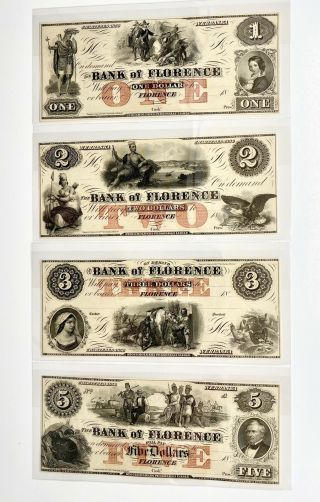Bank Of Florence,  Nebraska 1856 Set Uc $1,  $2,  $3,  $5 Obsolete Remainder Notes