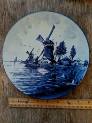 Delft Blauw Hand Painted Collector Plate 8 " Two Windmills Holland Blue White