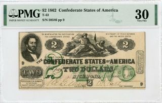 1862 T - 43 $2 The Confederate States Of America Note - Civil War Era Pmg Vf 30
