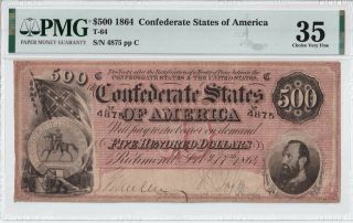 T - 64 $500 1864 Confederate States Of America Pmg 35 Red,  Take A Look