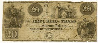 1839 $20 Republic Of Texas Red Back Cut - Cancelled