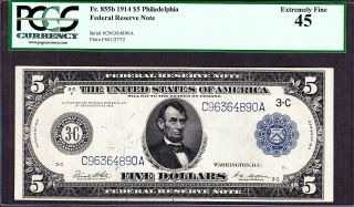 Us 1914 $5 Frn Philadelphia District Type Ii Fr 855b Pcgs 45 Ch Xf (- 890)