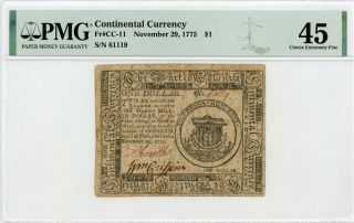 (cc - 11) November 29,  1775 $1 Continental Currency Note - Pmg Ch.  Xf 45