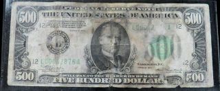 1934 Us $500 Bill Frn Note Hurricane Survivor San Francisco Ca