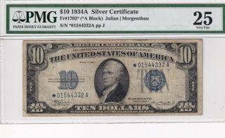 01544332a 1934a Silver Certificate Blue Seal Ten Dollar Star Note In Very Fine