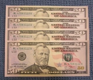 Collectible $200 Uncirculated Fifty $50 Dollar Bills In Sequential Order