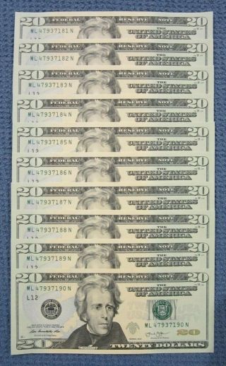 Collectible $200 Uncirculated Twenty $20 Dollar Bills In Sequential Order