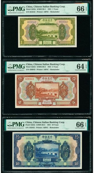 1921 Chinese Italian Bank 1,  5 And 10 Yuan Pmg 66 Epq Gem Unc 民國十年震義銀行壹圓,  伍圓及拾圓