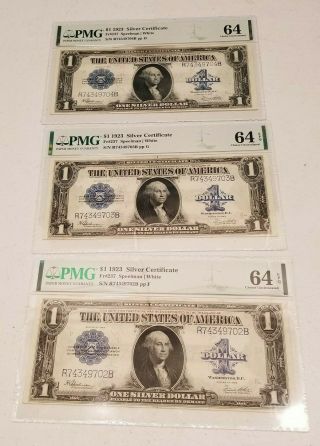 Fr 237 $1 1923 Silver Certificates 3 Consecutive Serial S Pmg 64,  2 Epq