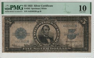 1923 $5 Silver Certificate Fr.  282 Port Hole Pmg Certified Very Good Vg 10 (922b